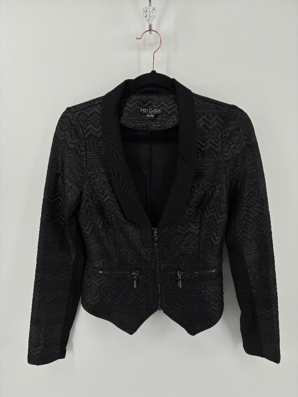 Black Lady Dutch Chevron Patterned Blazer Style Zipper Jacket